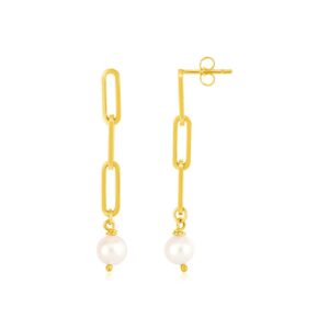 14k Gold Paperclip Chain Link Earrings with Pearls