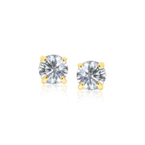 14k Gold Stud Earrings with White Hue Faceted Cubic Zirconia (6mm)