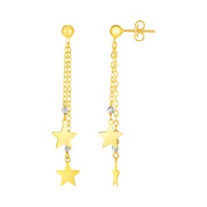 Gold Stars Dangle Drop Earrings 14k Two Tone yellow and white gold
