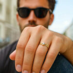 Real 10K Two-Tone Gold Crescent Moon and Star Ring for Men