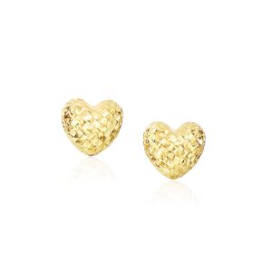 14k Yellow Gold Puffed Heart Stud Earrings with Diamond Cuts (8mm)