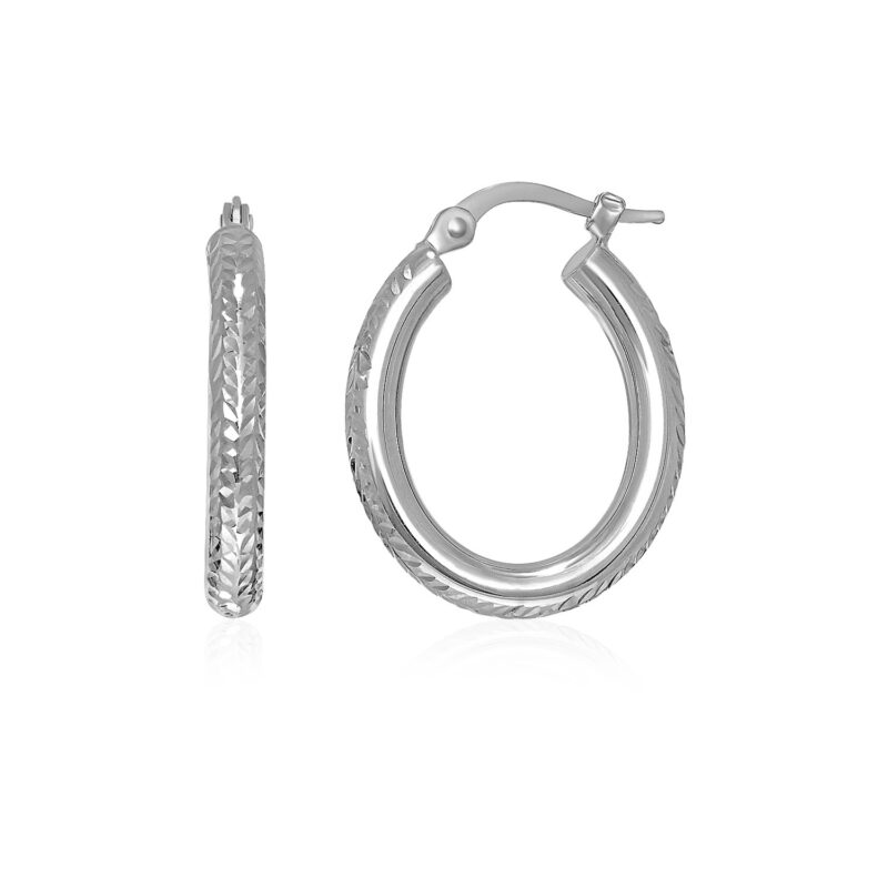 14k White Gold Diamond Cut Textured Oval Hoop Earrings
