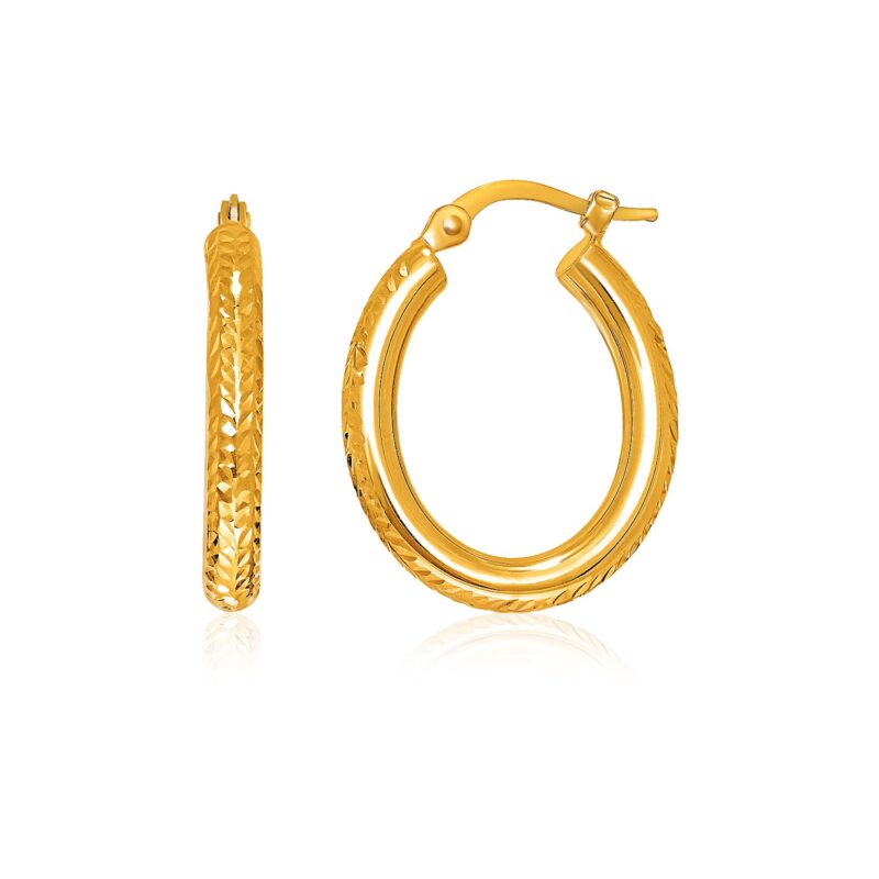 14k Yellow Gold Diamond Cut Textured Classic Oval Hoop Earrings