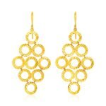 14k Yellow Gold Dangle Drop Earrings with Textured Open Circle Motifs