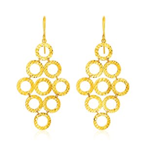 14k Yellow Gold Dangle Drop Earrings with Textured Open Circle Motifs