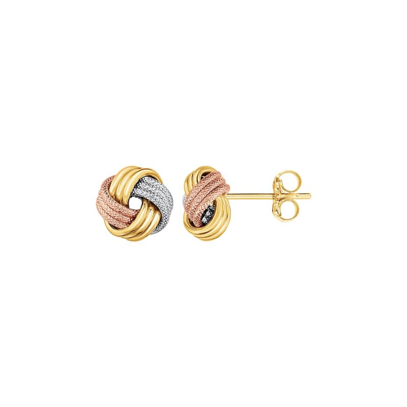 Love Knot Stud Earrings 14k Tri Color Yellow White and Rose Gold