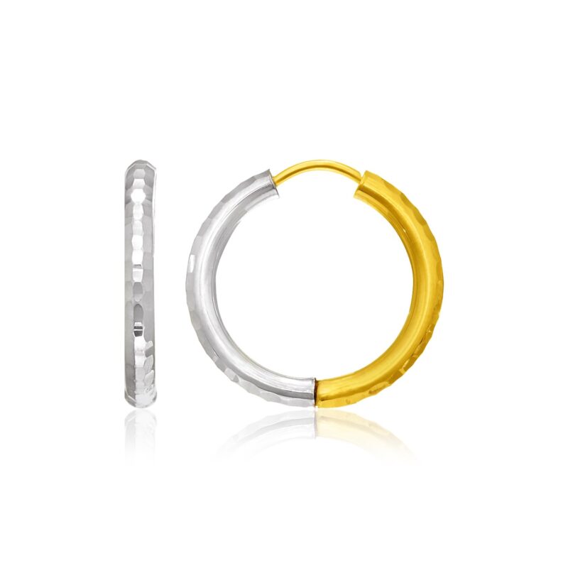 Hammered Hinge Tube Hoop Earrings in 14k Two-Tone Gold (2.5x15mm)