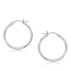 14k White Gold Diamond Cut Hoop Earrings (2x25mm)