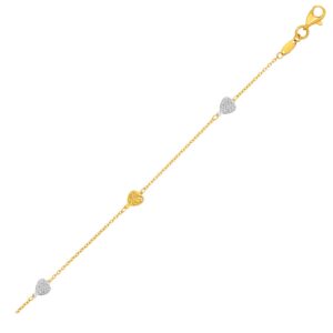 Gold Anklet with Hearts 14k Two-Toned Yellow and White