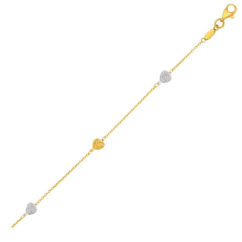 Gold Anklet with Hearts 14k Two-Toned Yellow and White