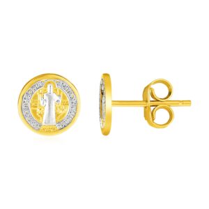 14k Two Tone Gold Round Religious Medal Stud Earrings (8mm)
