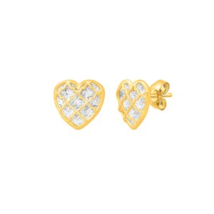 Checkered Heart Stud Earrings 14K Yellow Gold