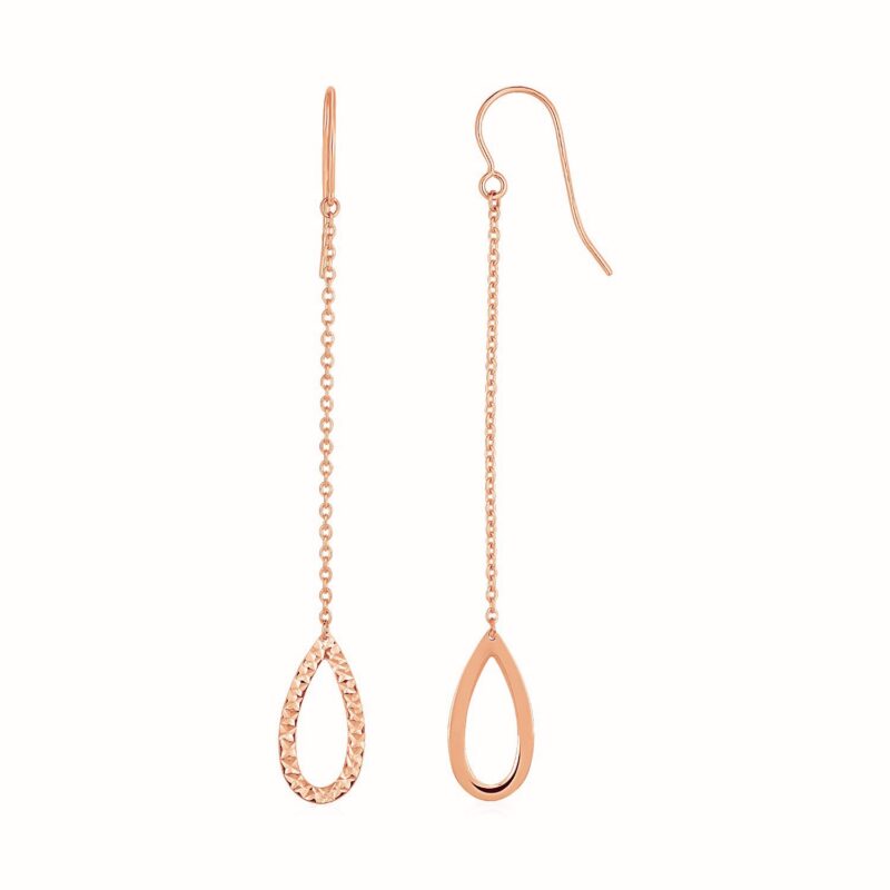 14k Rose Gold Long Dangle Drop Earrings Textured Pear Shaped
