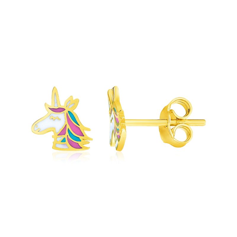 14k Yellow Gold Enameled Unicorn Childrens Stud Earrings