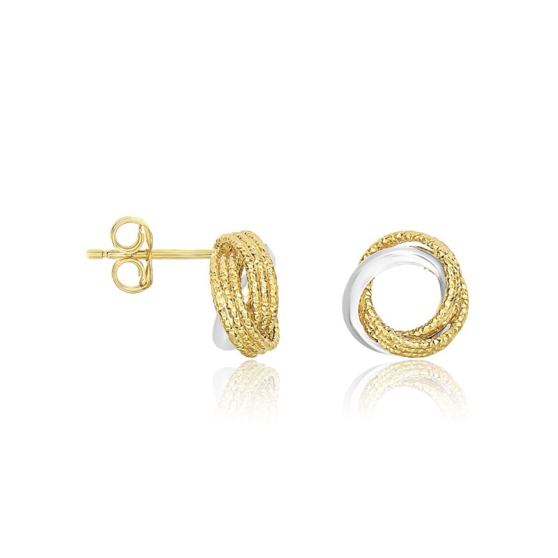 14k Two-Tone Gold Multi-Textured Open Circle Style Entwined Stud Earrings