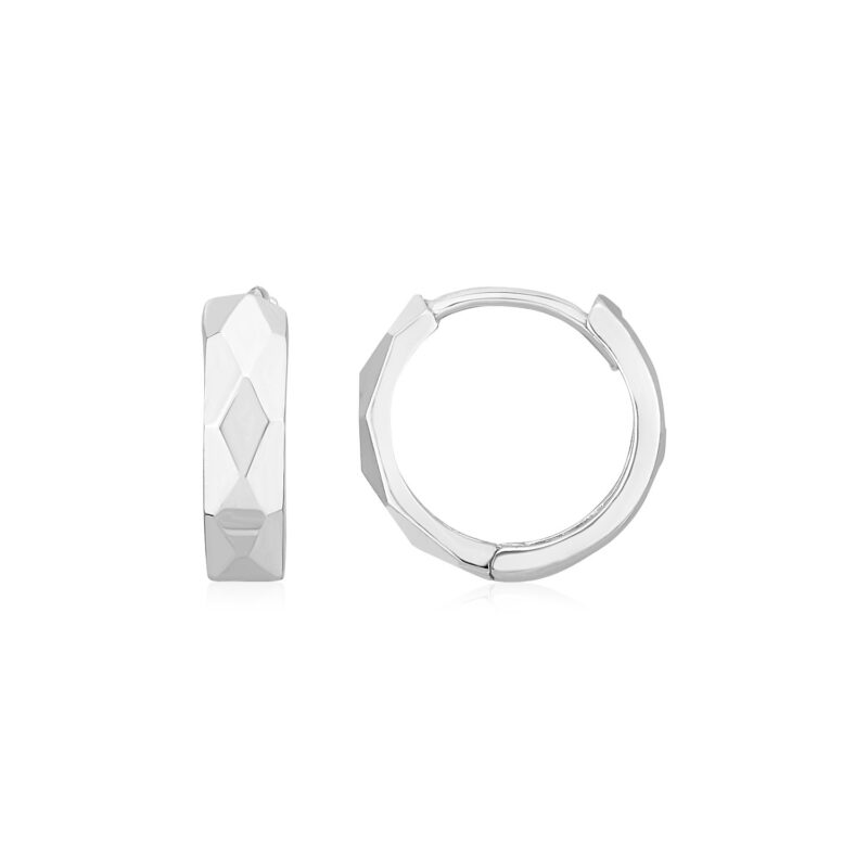14K White Gold Huggie Earrings Diamond Motif Faceted (12.9mm)