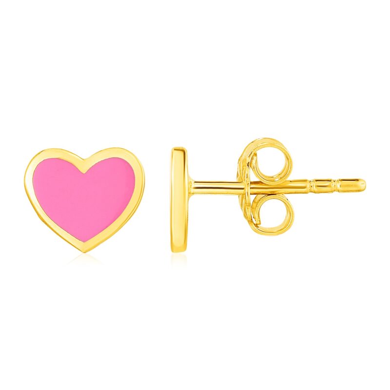 14k Gold Enamel Pink Heart Stud Earrings