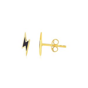 Black Lightning Bolt Stud Earrings 14k Yellow Gold and Enamel