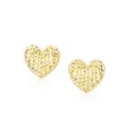 14k Gold Puffed Heart Stud Earrings with Diamond Cuts Push Back 14k Gold Puffed Heart Stud Earrings with Diamond Cuts Push Back