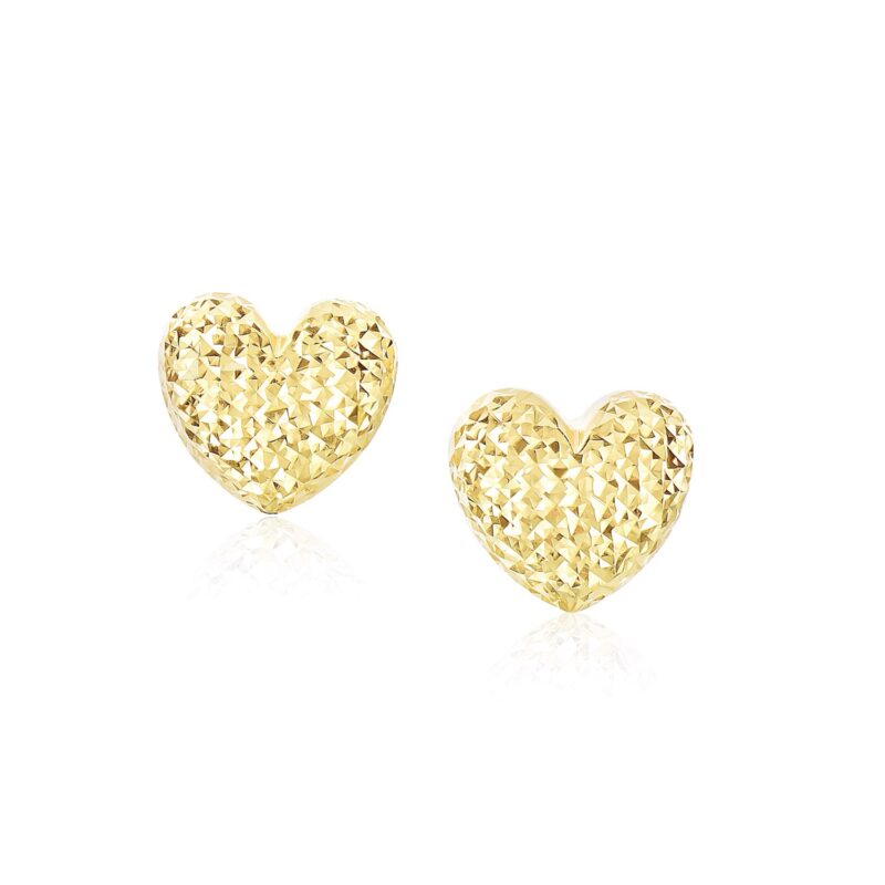 14k Gold Puffed Heart Stud Earrings with Diamond Cuts Push Back