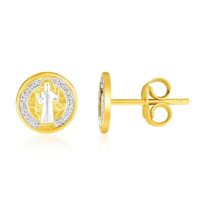 Round Religious Medallion Post Stud Earrings 14k Two Tone Gold (8mm)
