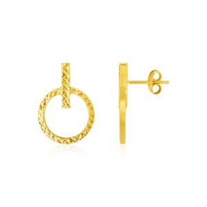 Circle and Bar Post Earrings 14k Yellow Gold Textured