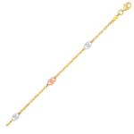 14k Gold Anklet with Textured Ovals Three-Toned Yellow, White, and Rose