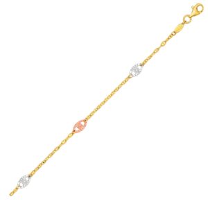 14k Gold Anklet with Textured Ovals Three-Toned Yellow, White, and Rose