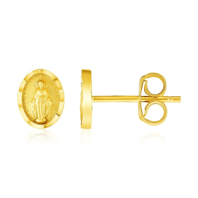 14k Gold Oval Religious Medallion Stud Earrings