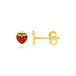14k Yellow Gold Enameled Strawberry Childrens Stud Earrings