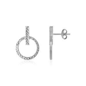 Circle and Bar Post Drop Earrings 14k White Gold Textured