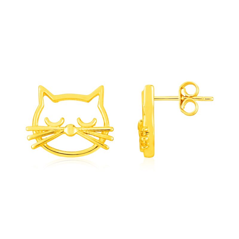 14K Yellow Gold Cat Head Stud Earrings