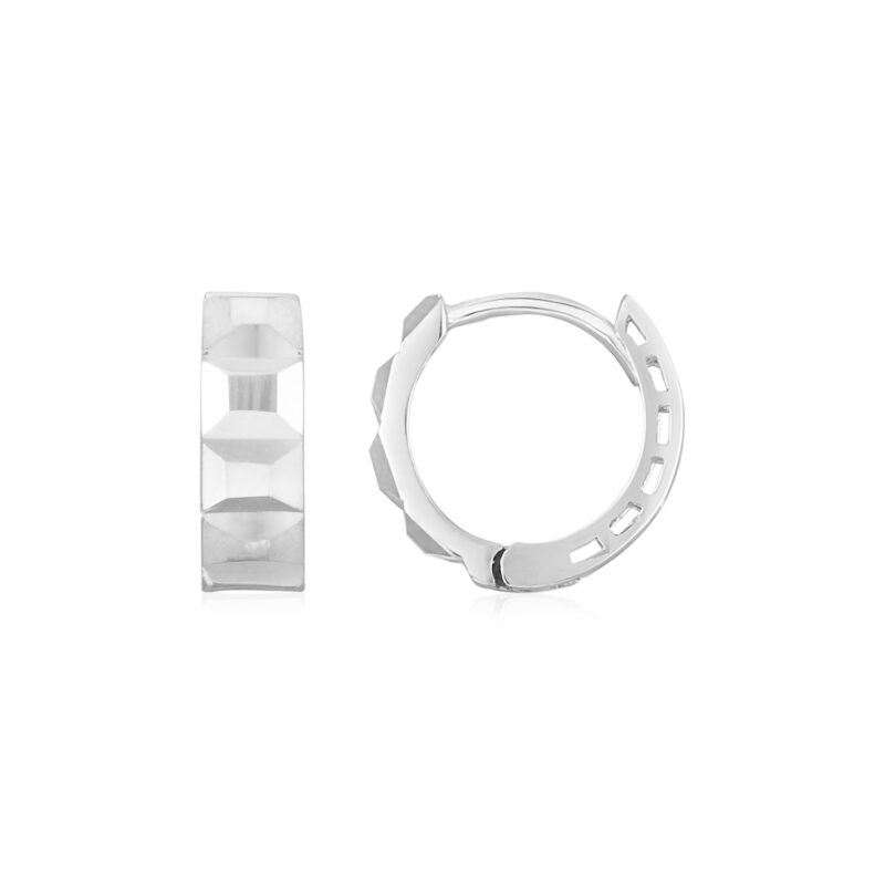 14K White Gold Huggie Earrings Square Faceted