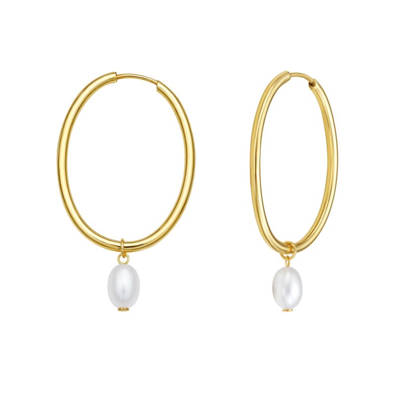Pearl Drop Hoop Earrings 14K Real Gold
