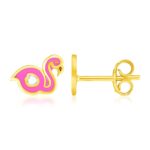 Pink Flamingo Stud Earrings for Childrens Enameled 14k Yellow Gold