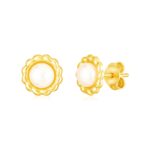 Flower Button Pearl Stud Earrings 14k Yellow Gold 6 - 6.5 mm