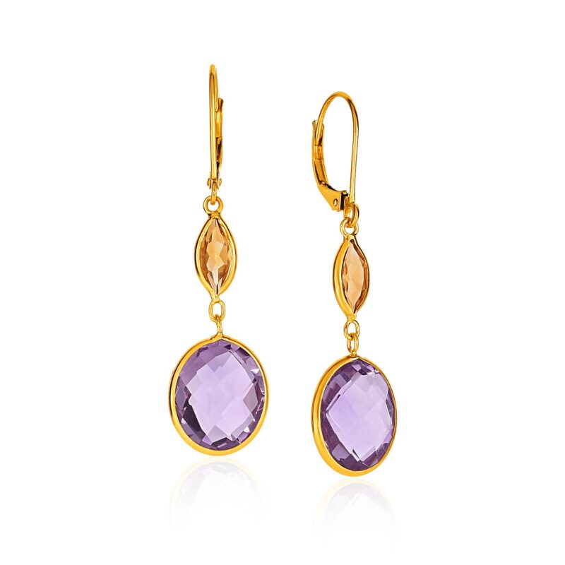 14k Gold Drop Earrings with Citrine and Amethyst Briolettes orange and purple stones