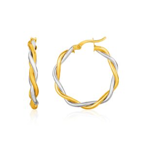 Twisted Wire Round Hoop Earrings in 10k Two-Tone Yellow and White Gold (3x20mm)