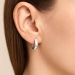 Faceted Diamond Motif 14K White Gold Huggie Earrings 13mm