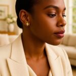 Model Wearing 14k Yellow Gold Flat Lightning Bolt Stud Earrings for Women Model Wearing 14k Yellow Gold Flat Lightning Bolt Stud Earrings for Women