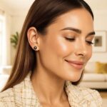 Model Wearing 6mm Black Pearl Stud Earrings 14k Yellow Gold