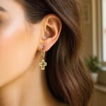 Women Real 14K Yellow Gold Cross Charm Dangle Hoop Earrings