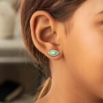 Real 14K Yellow Gold Enameled Blue Evil Eye Stud Earrings