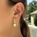Real 14K Yellow Gold Star Charm Beaded Hoop Earrings Real 14K Yellow Gold Star Charm Beaded Hoop Earrings