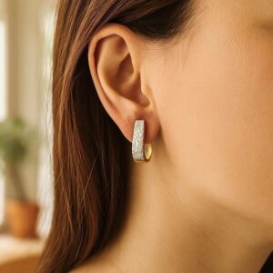 Real 14k Two-Tone Gold Oval Diamond Cut Textured Hoop Earrings