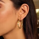 Real 14k Two-Tone Gold Textured Station Hoop Earrings