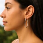 Real 14k White Gold Long Slim Oval Shape Hoop Earrings