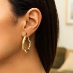 Real 14k Yellow Gold Medium Bamboo Hoop Earrings