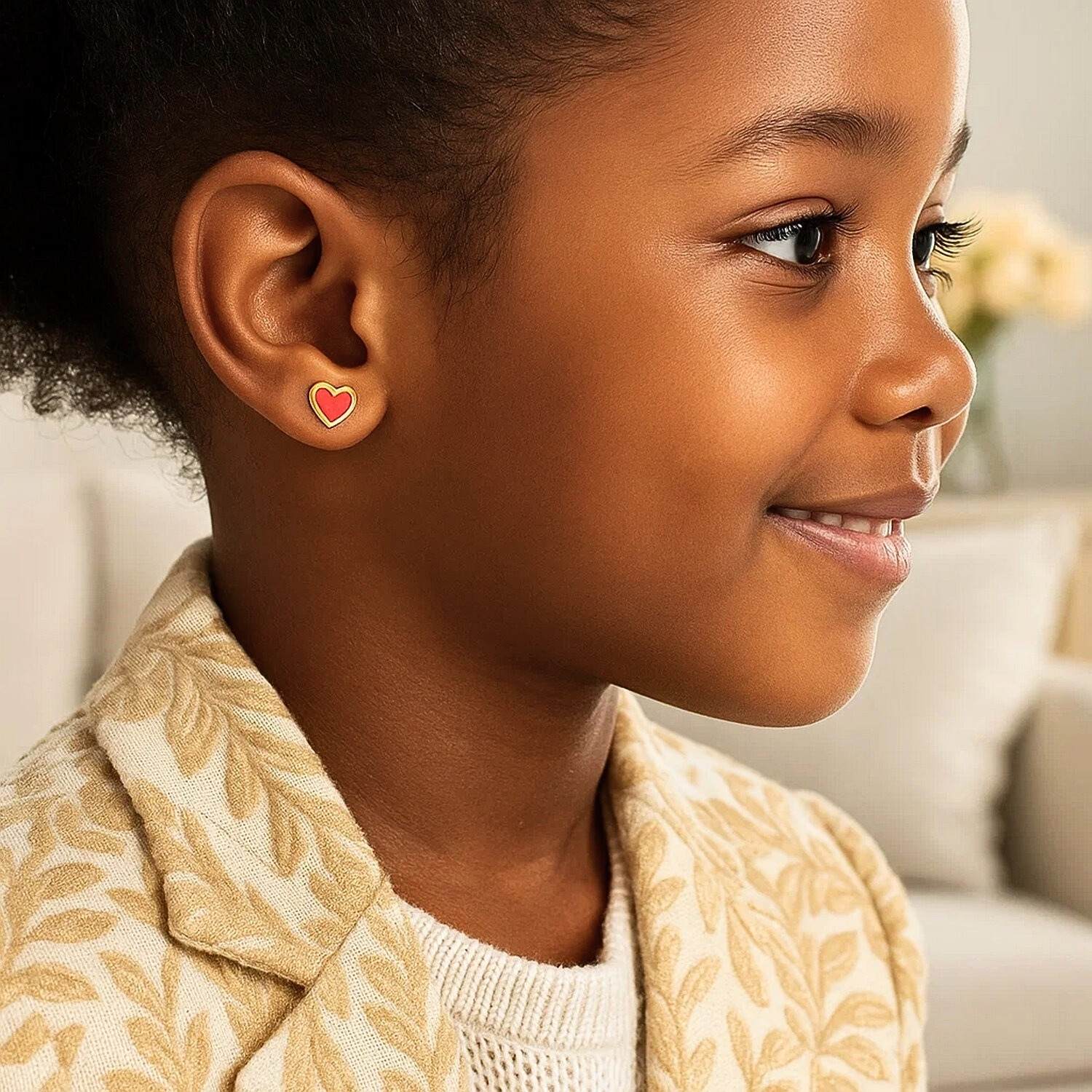 Real 14k Yellow Gold Red Heart Children Stud Earrings Real 14k Yellow Gold Red Heart Children Stud Earrings