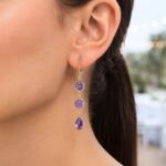 Real 14k Yellow Gold Round and Pear Shaped Three Stone Amethyst Drop Dangle Earrings